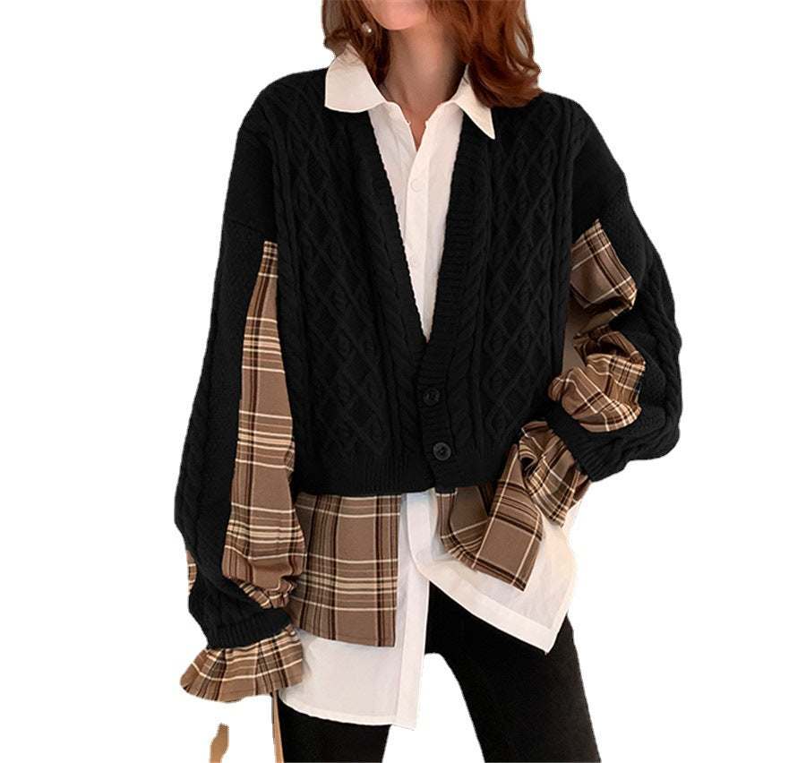 Korea Chic Knitted Cardigan Spliced Womens Autumn