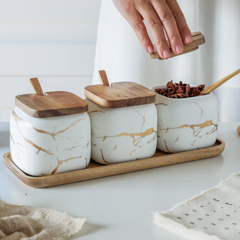 Gold Marble Jar Set with Wooden Lid