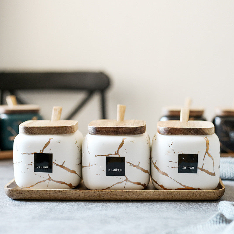 Marbled Ceramic Spice Jars With Wooden Lids