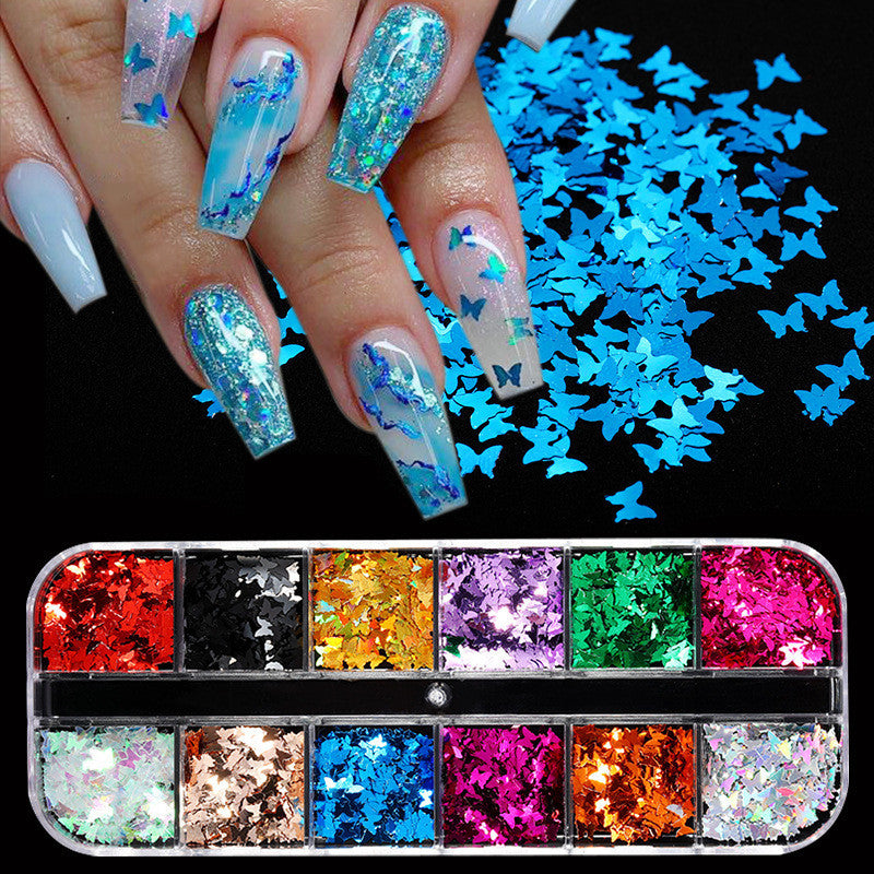 Cross-Border Hot Sale Nail Art Butterfly Sequin Thin Net Red Eye Makeup Patch Laser Symphony Glitter Powder 12 Color Set GND Products
