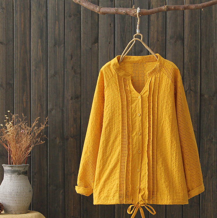 Embroidered Hollow Pure Color Shirts Cerulean Phaedra