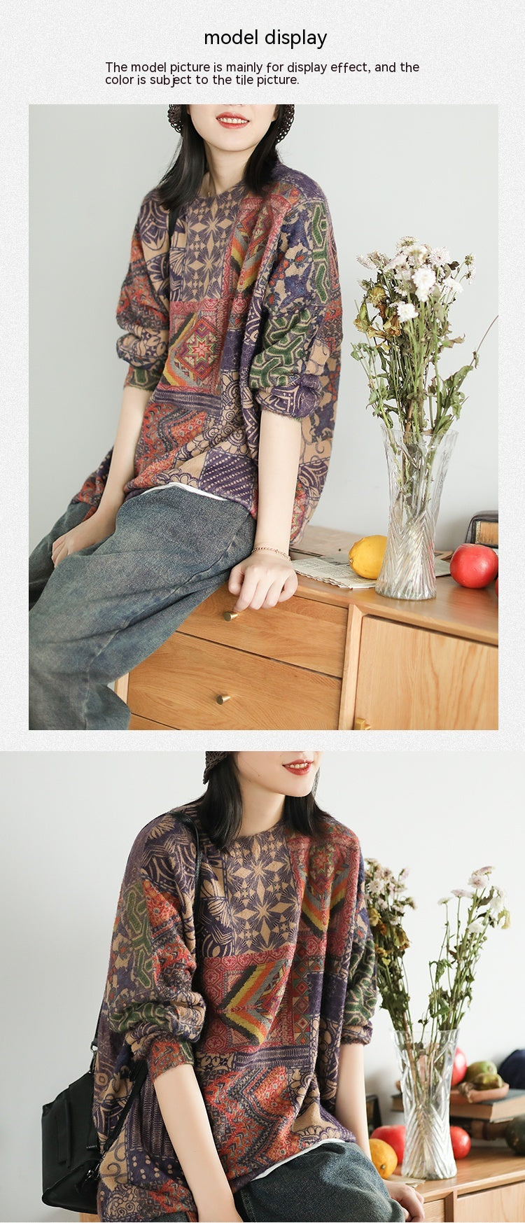 Retro Ethnic Style Long Sleeve Round Neck Pullover Sweater Saor Style