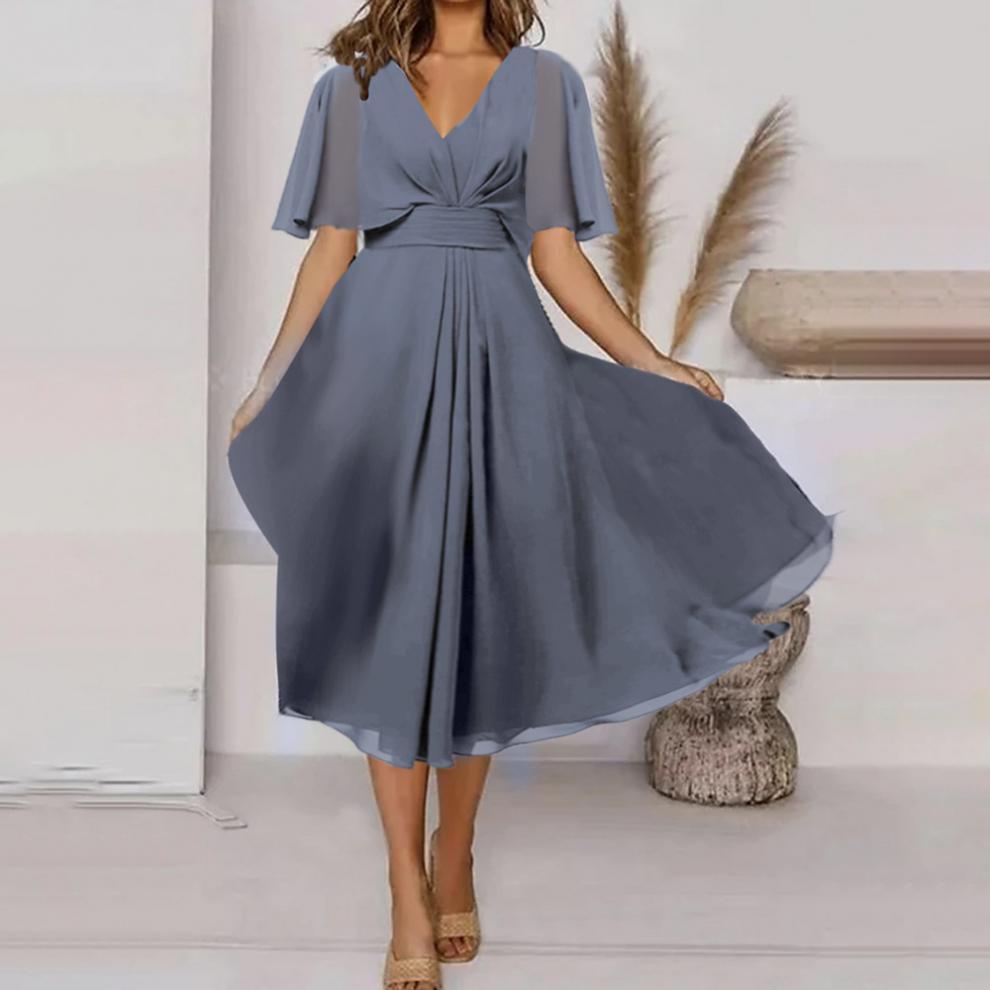 Fashion Solid Color And V-neck Waist Trimming Casual Large Swing Dress Saor Style