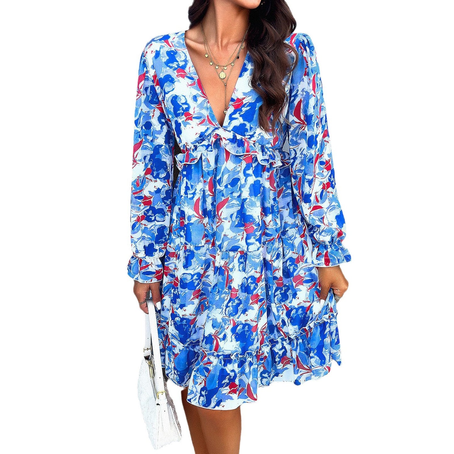 Women's Clothing Temperament Printed V-neck Long-sleeve Dress Saor Style