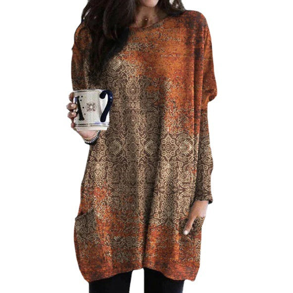 Loose Classic Retro Brushed Printed Top Saor Style