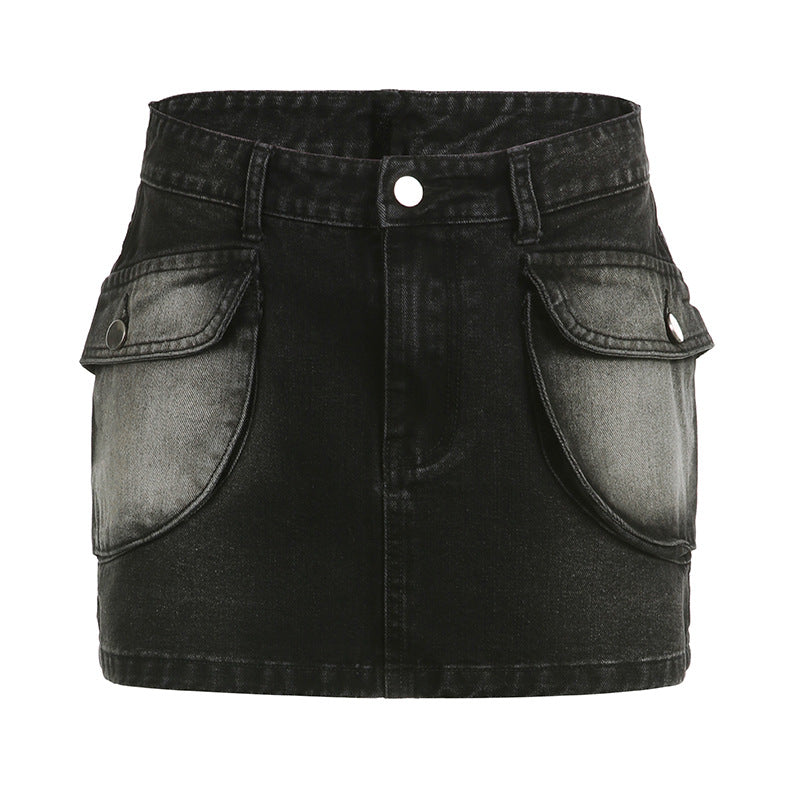 American Street Style Asymmetric Pocket Design Low Waist Denim Skirt Saor Style