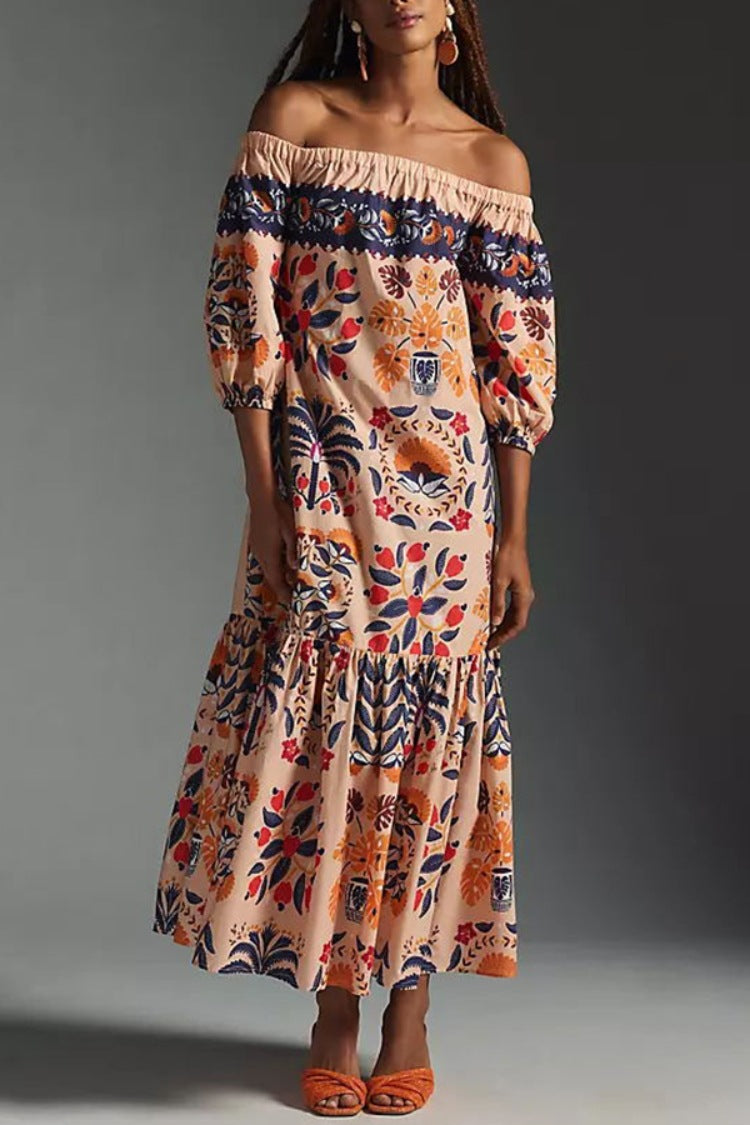 Women's Summer Vintage Printing Loose Pockets Dress Saor Style