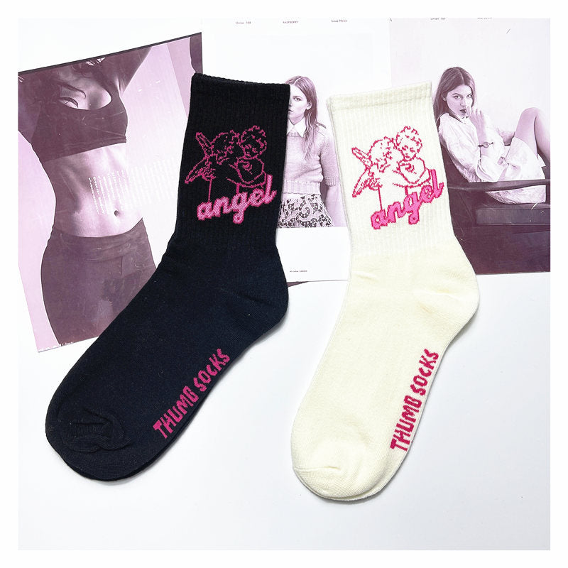 Angel Mid Tube Simplified Letters Sports Casual Trend Socks