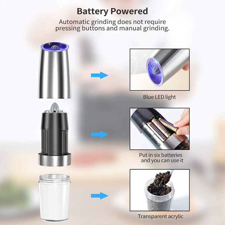 Battery Powered Stainless Silver Automatic Salt or Pepper Grinder Sky Pandion