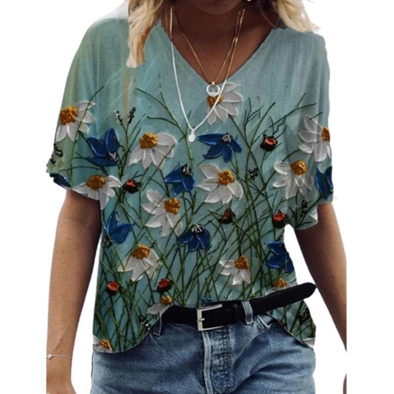 Independent Station Floral Print Pullover V-neck Short Sleeve T-shirt Saor Style