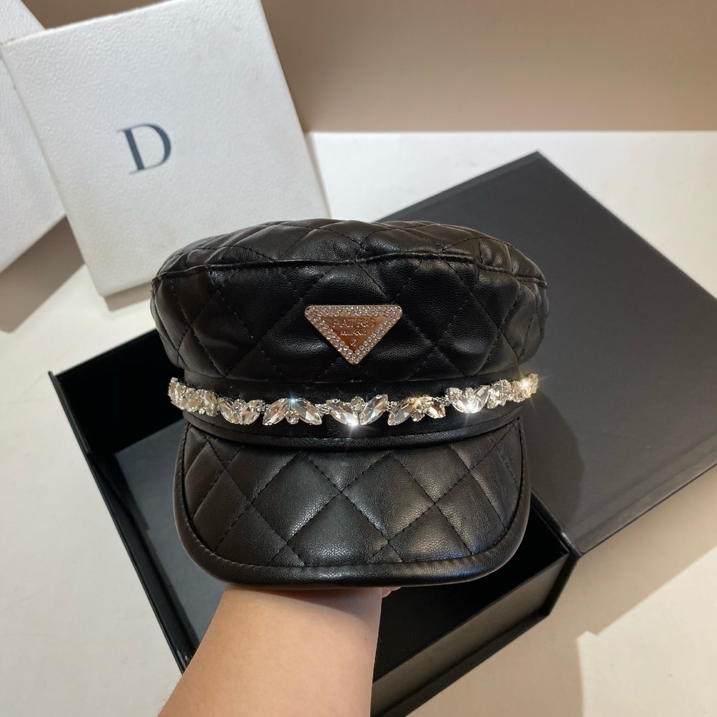 Diamond Plaid PU Navy Hat European And American