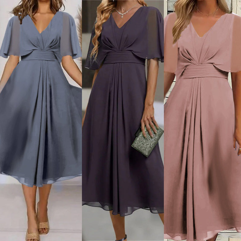Fashion Solid Color And V-neck Waist Trimming Casual Large Swing Dress Saor Style