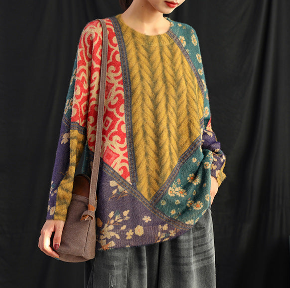 Retro Ethnic Style Long Sleeve Round Neck Pullover Sweater Saor Style