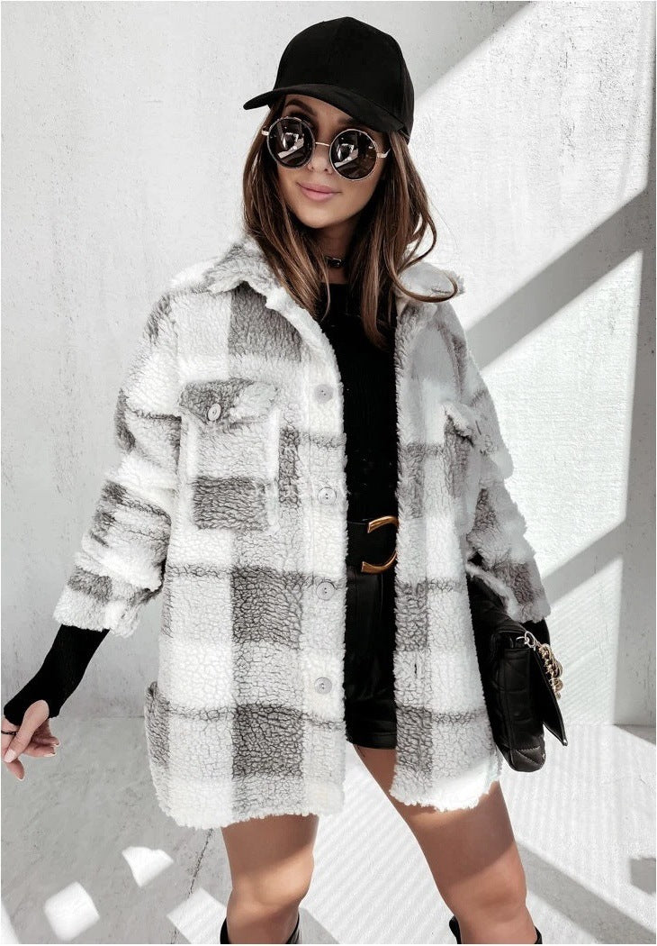 Autumn And Winter Long Sleeve Double Pocket Plaid Furry Coat Women Saor Style