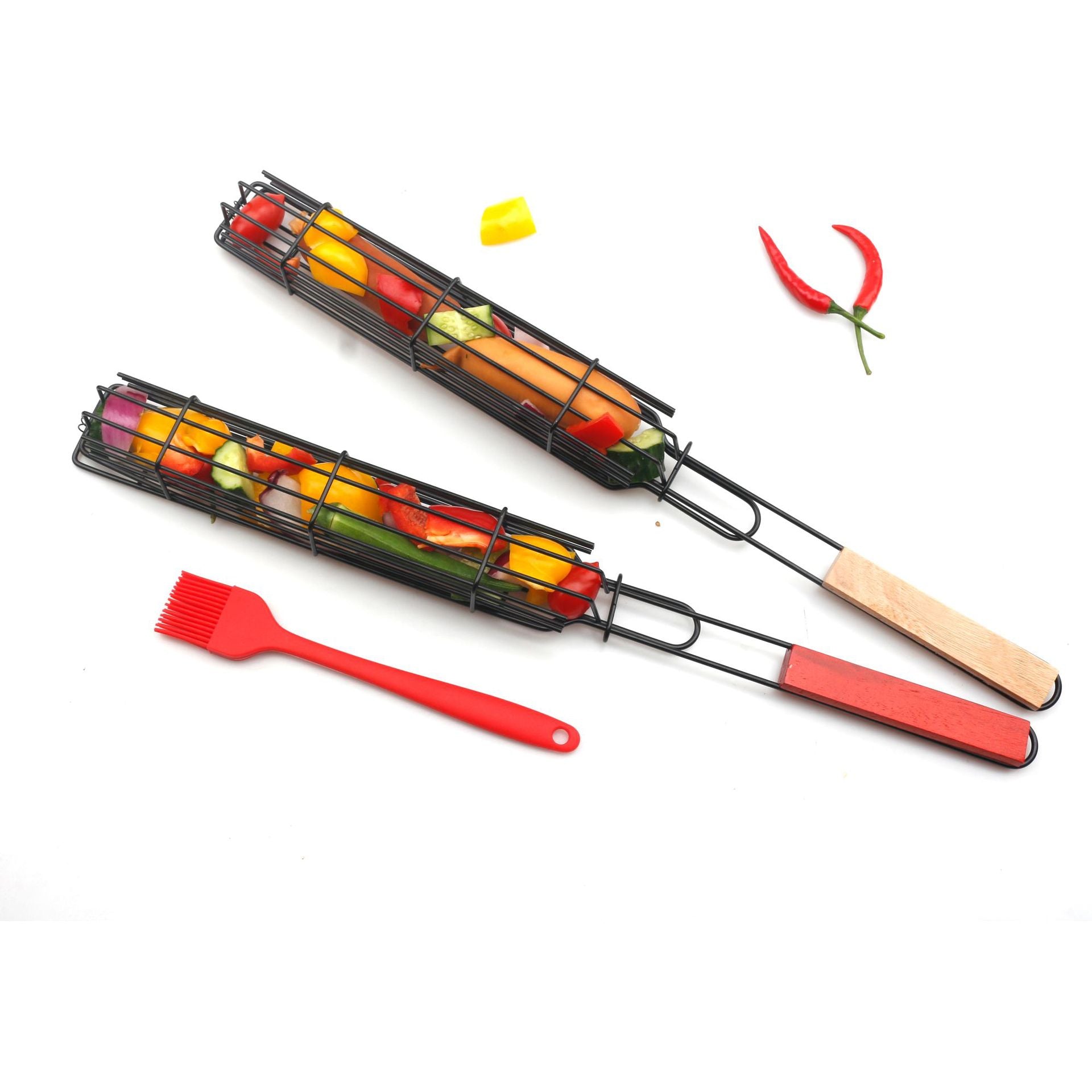 New Mesh Wooden Handle Sausage Clip Barbecue BBQ Tool Rack GND Products