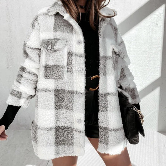 Autumn And Winter Long Sleeve Double Pocket Plaid Furry Coat Women Saor Style