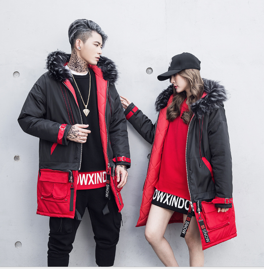 New Korean men's long section large cotton coat tide brand black red color matching down jacket lovers large size coat