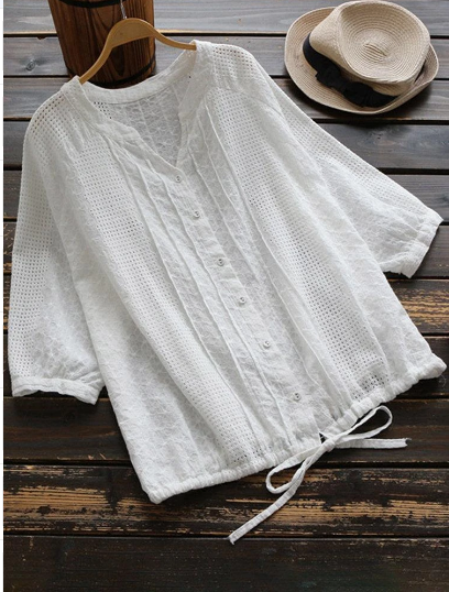 Embroidered Hollow Pure Color Shirts Cerulean Phaedra