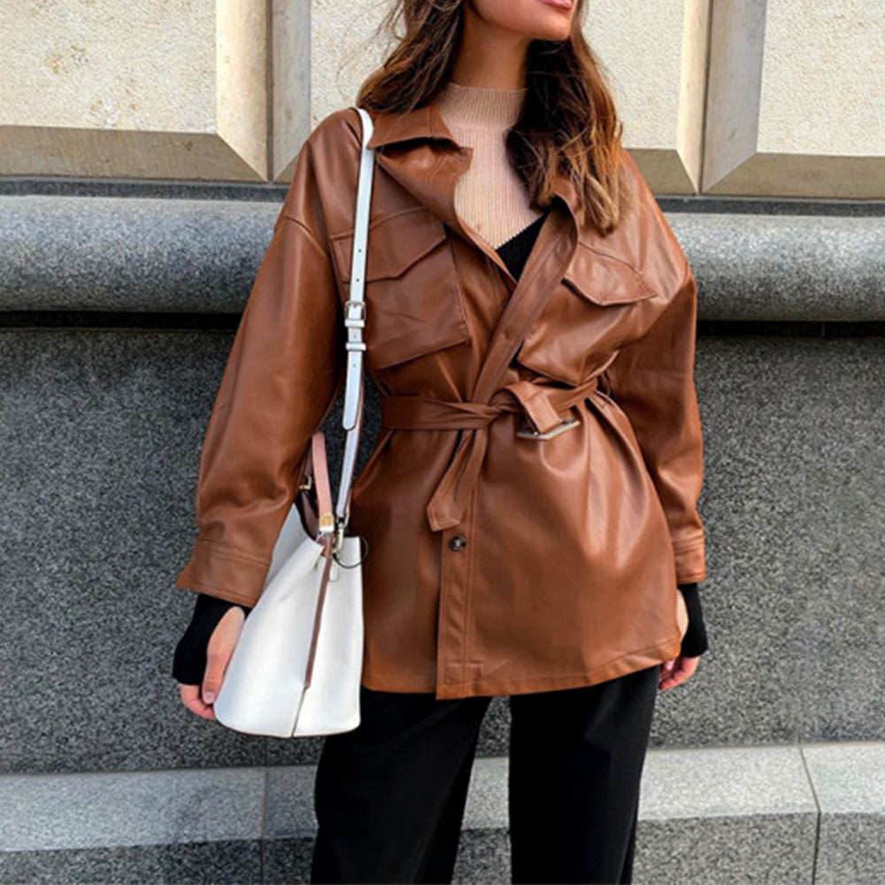 Leather jacket thinned lace waist PU leather long-sleeved dress Saor Style