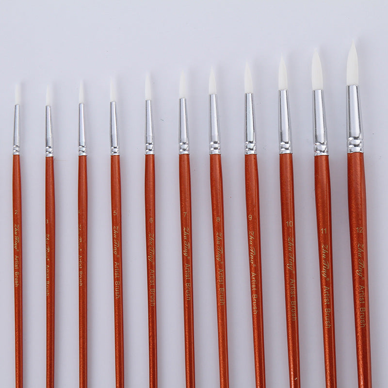 12Pcs  Lot Round Shape Nylon Hair Wooden Handle Paint Brush Set Tool For Art School Watercolor Acrylic Painting GND Products