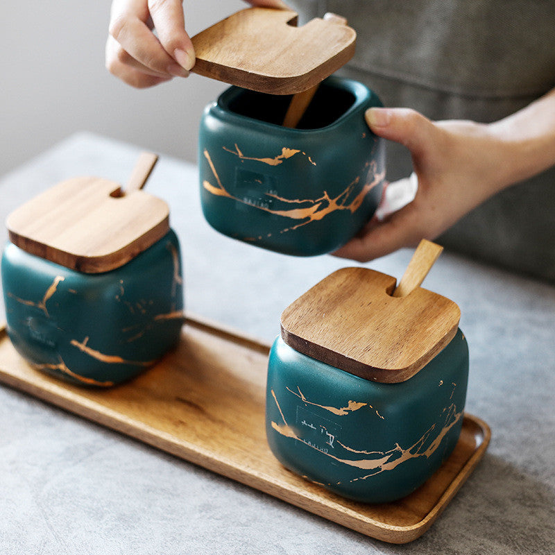 Marbled Ceramic Spice Jars With Wooden Lids