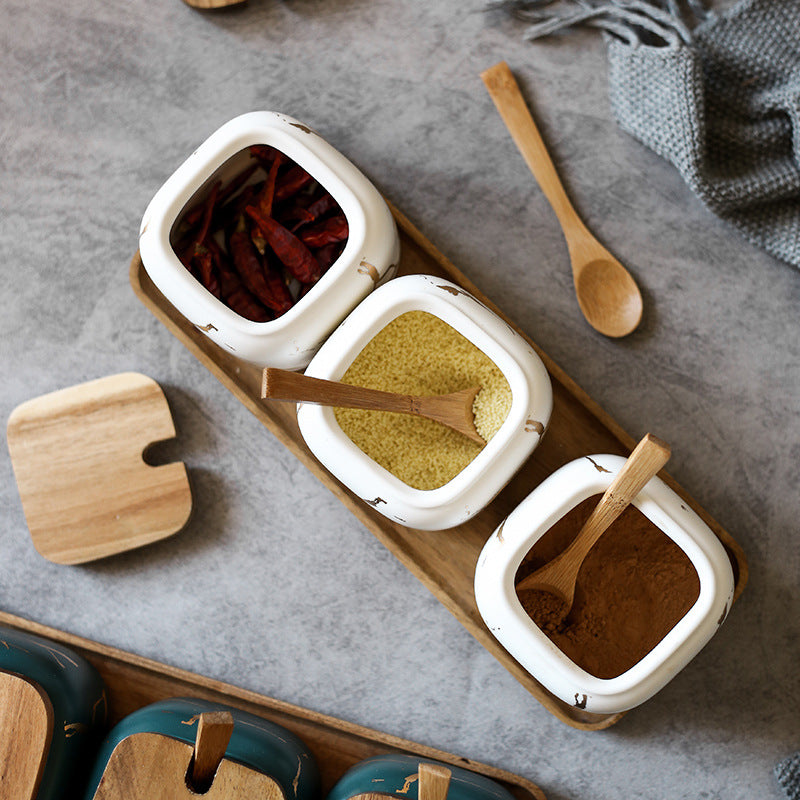 Marbled Ceramic Spice Jars With Wooden Lids