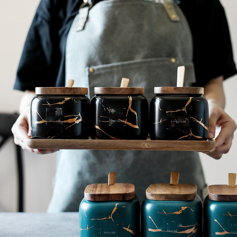 Marbled Ceramic Spice Jars With Wooden Lids