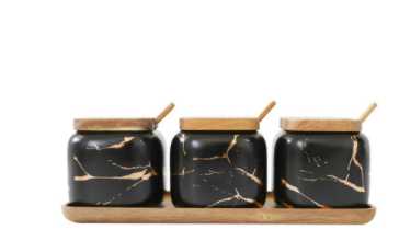 Marbled Ceramic Spice Jars With Wooden Lids