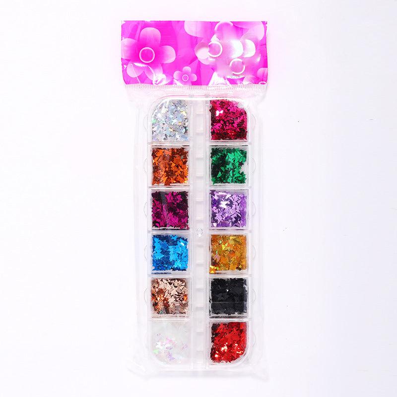 Cross-Border Hot Sale Nail Art Butterfly Sequin Thin Net Red Eye Makeup Patch Laser Symphony Glitter Powder 12 Color Set GND Products