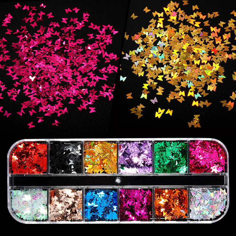 Cross-Border Hot Sale Nail Art Butterfly Sequin Thin Net Red Eye Makeup Patch Laser Symphony Glitter Powder 12 Color Set GND Products