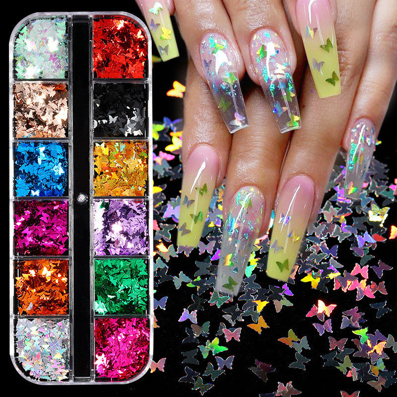 Cross-Border Hot Sale Nail Art Butterfly Sequin Thin Net Red Eye Makeup Patch Laser Symphony Glitter Powder 12 Color Set GND Products