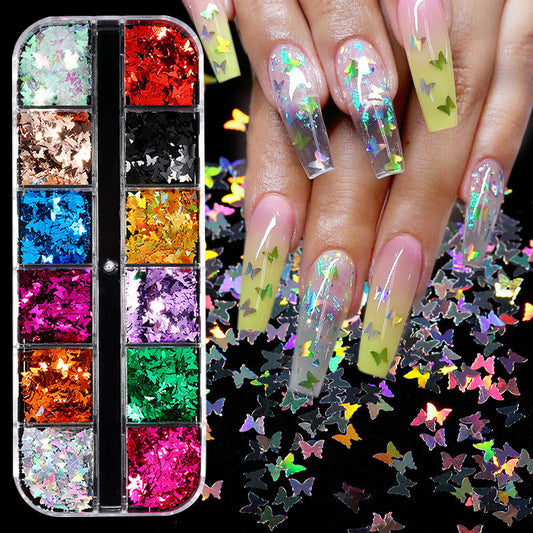 Cross-Border Hot Sale Nail Art Butterfly Sequin Thin Net Red Eye Makeup Patch Laser Symphony Glitter Powder 12 Color Set GND Products