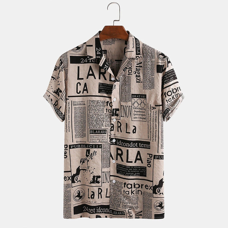 3xl Men Shirts Vintage Newspaper Print Hawaiian Shirt Saor Style