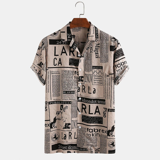 3xl Men Shirts Vintage Newspaper Print Hawaiian Shirt Saor Style