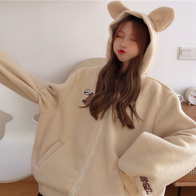 Autumn Winter Zipper Coat Sweet Hooded Bear Print Harajuku Loose Pocket Hoodies Womens Fleece Flannel Pullover Female Sweatshirt