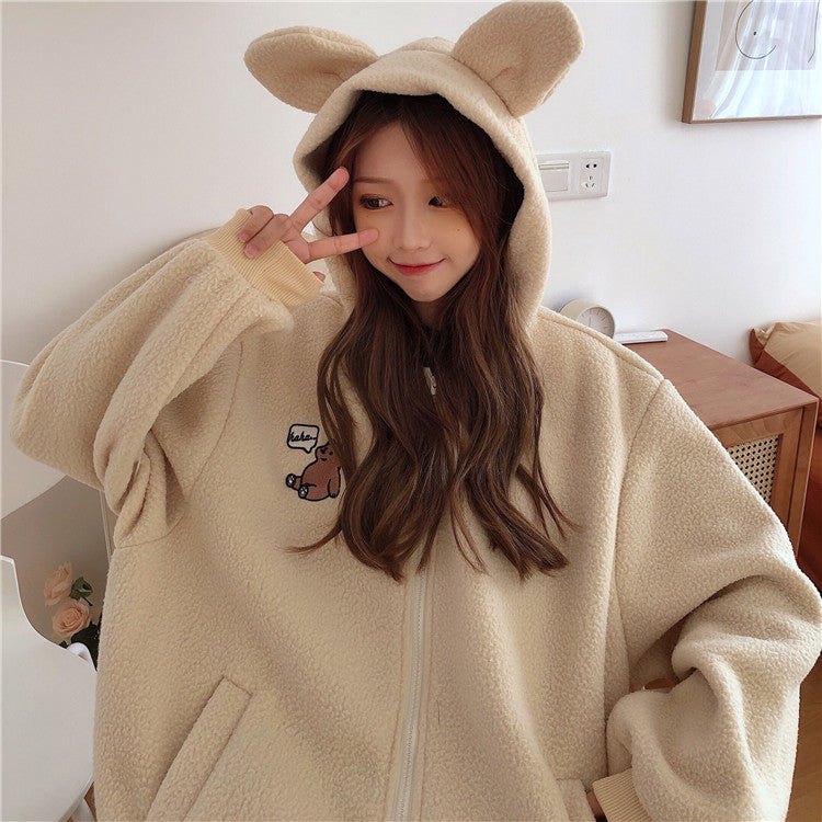 Autumn Winter Zipper Coat Sweet Hooded Bear Print Harajuku Loose Pocket Hoodies Womens Fleece Flannel Pullover Female Sweatshirt