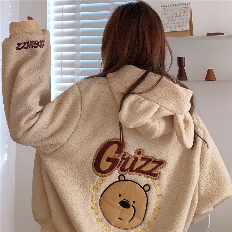 Autumn Winter Zipper Coat Sweet Hooded Bear Print Harajuku Loose Pocket Hoodies Womens Fleece Flannel Pullover Female Sweatshirt