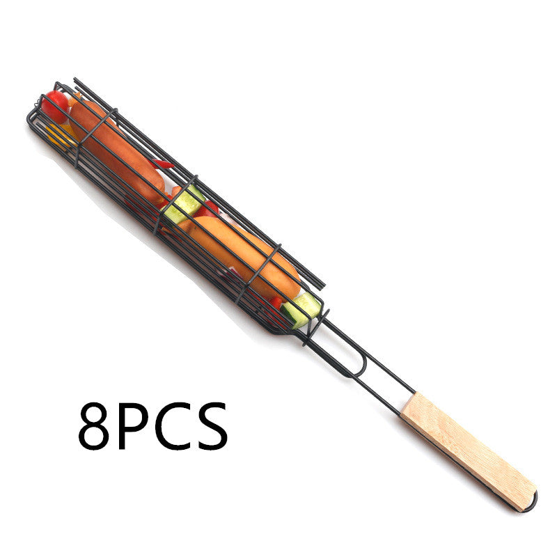 New Mesh Wooden Handle Sausage Clip Barbecue BBQ Tool Rack GND Products