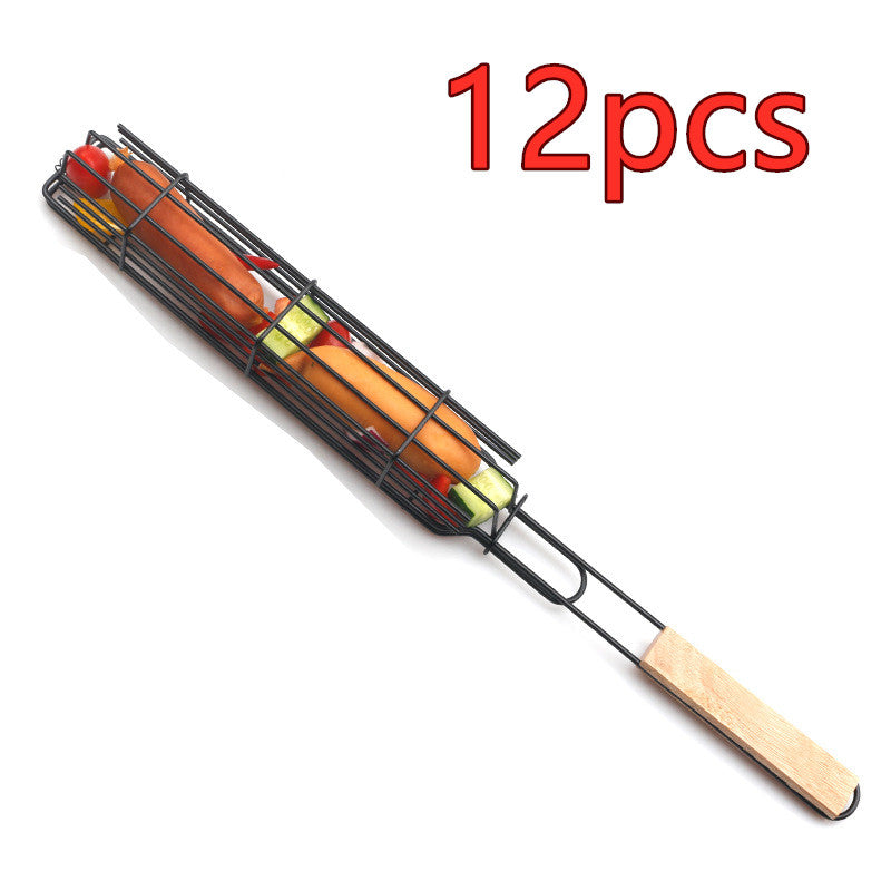 New Mesh Wooden Handle Sausage Clip Barbecue BBQ Tool Rack GND Products