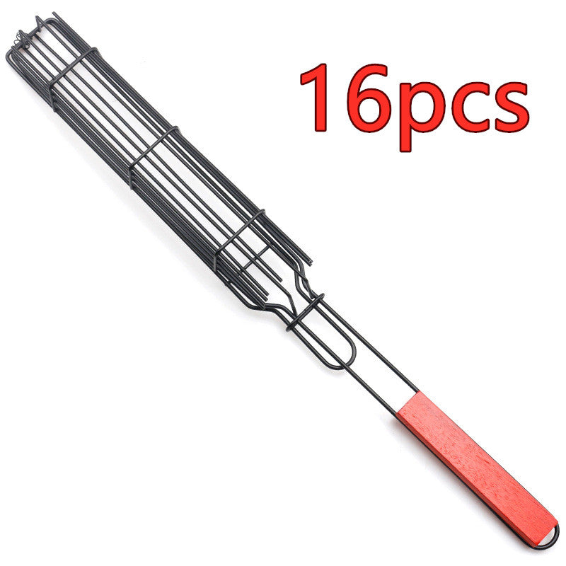 New Mesh Wooden Handle Sausage Clip Barbecue BBQ Tool Rack GND Products