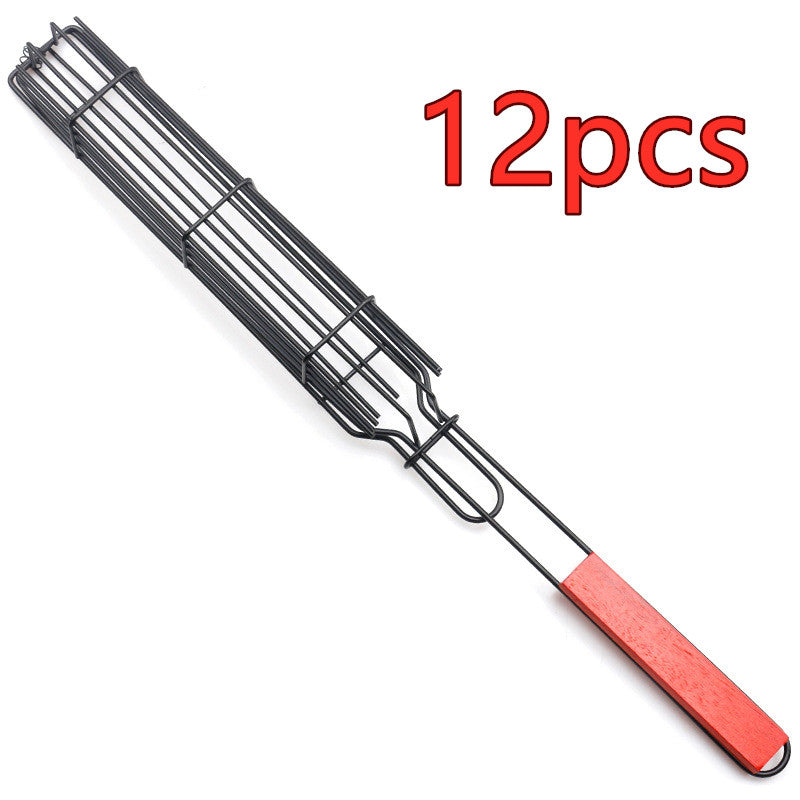 New Mesh Wooden Handle Sausage Clip Barbecue BBQ Tool Rack GND Products