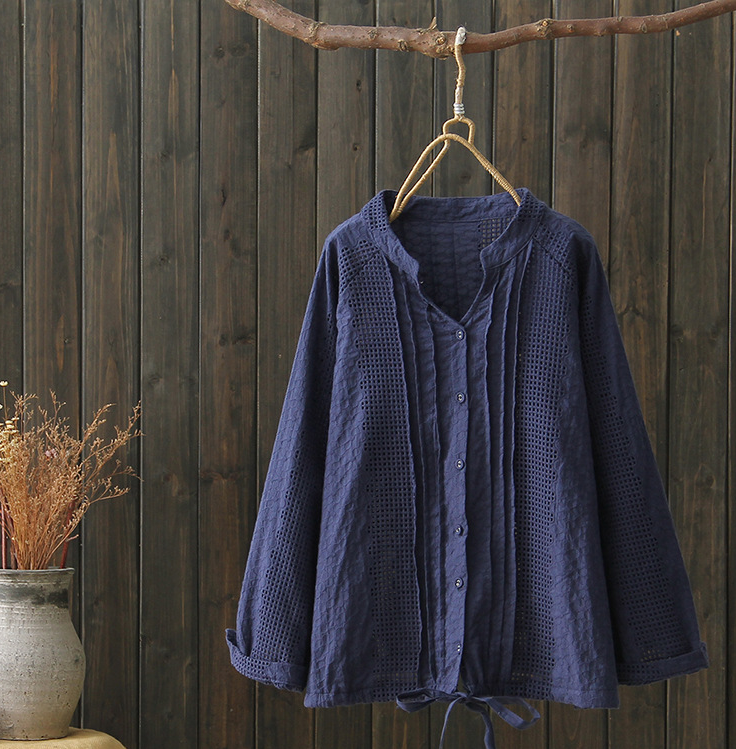 Embroidered Hollow Pure Color Shirts Cerulean Phaedra