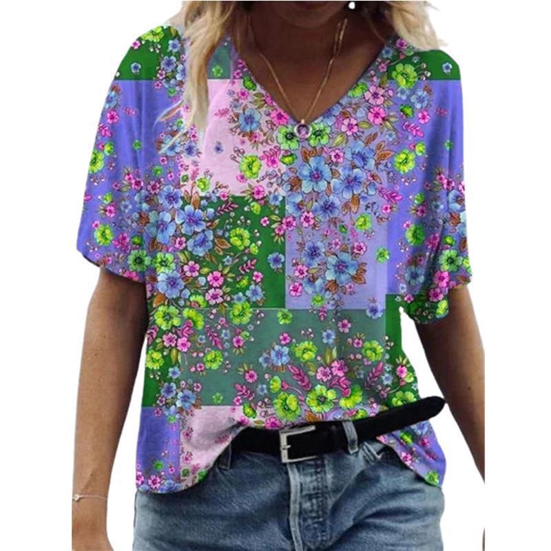 Independent Station Floral Print Pullover V-neck Short Sleeve T-shirt Saor Style