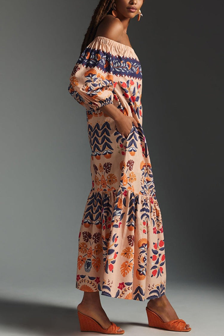 Women's Summer Vintage Printing Loose Pockets Dress Saor Style