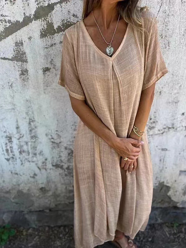 Women's Fashion Temperament Cotton Linen V-neck Semi-formal Dress Saor Style
