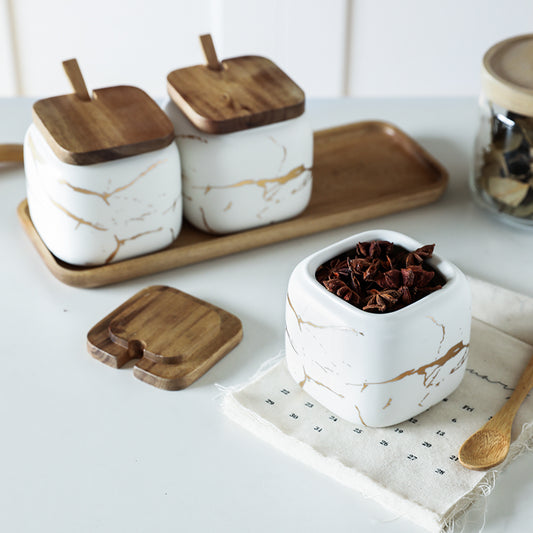 Gold Marble Jar Set with Wooden Lid