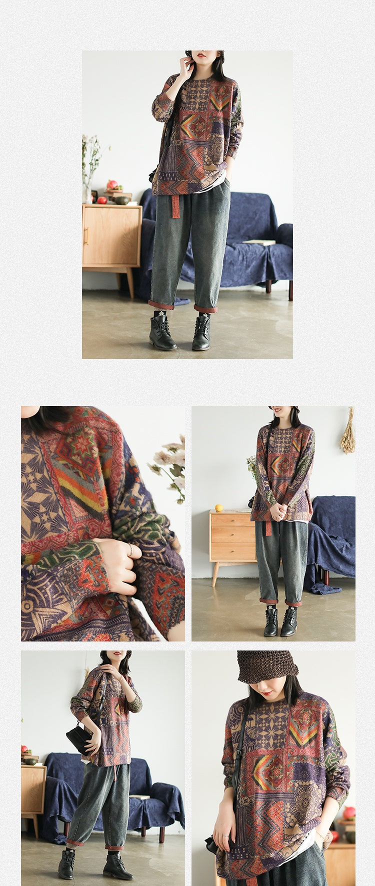 Retro Ethnic Style Long Sleeve Round Neck Pullover Sweater Saor Style