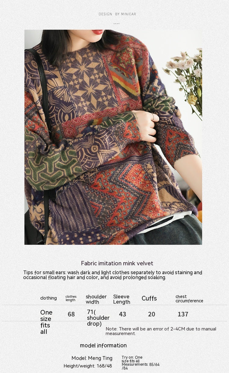 Retro Ethnic Style Long Sleeve Round Neck Pullover Sweater Saor Style
