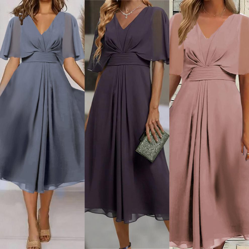 Fashion Solid Color And V-neck Waist Trimming Casual Large Swing Dress Saor Style