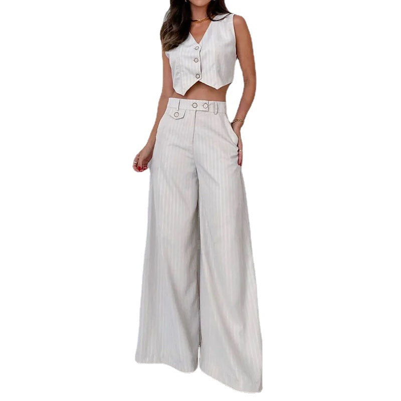 Fashion V-neck Striped High Waist Wide Leg Pants Saor Style